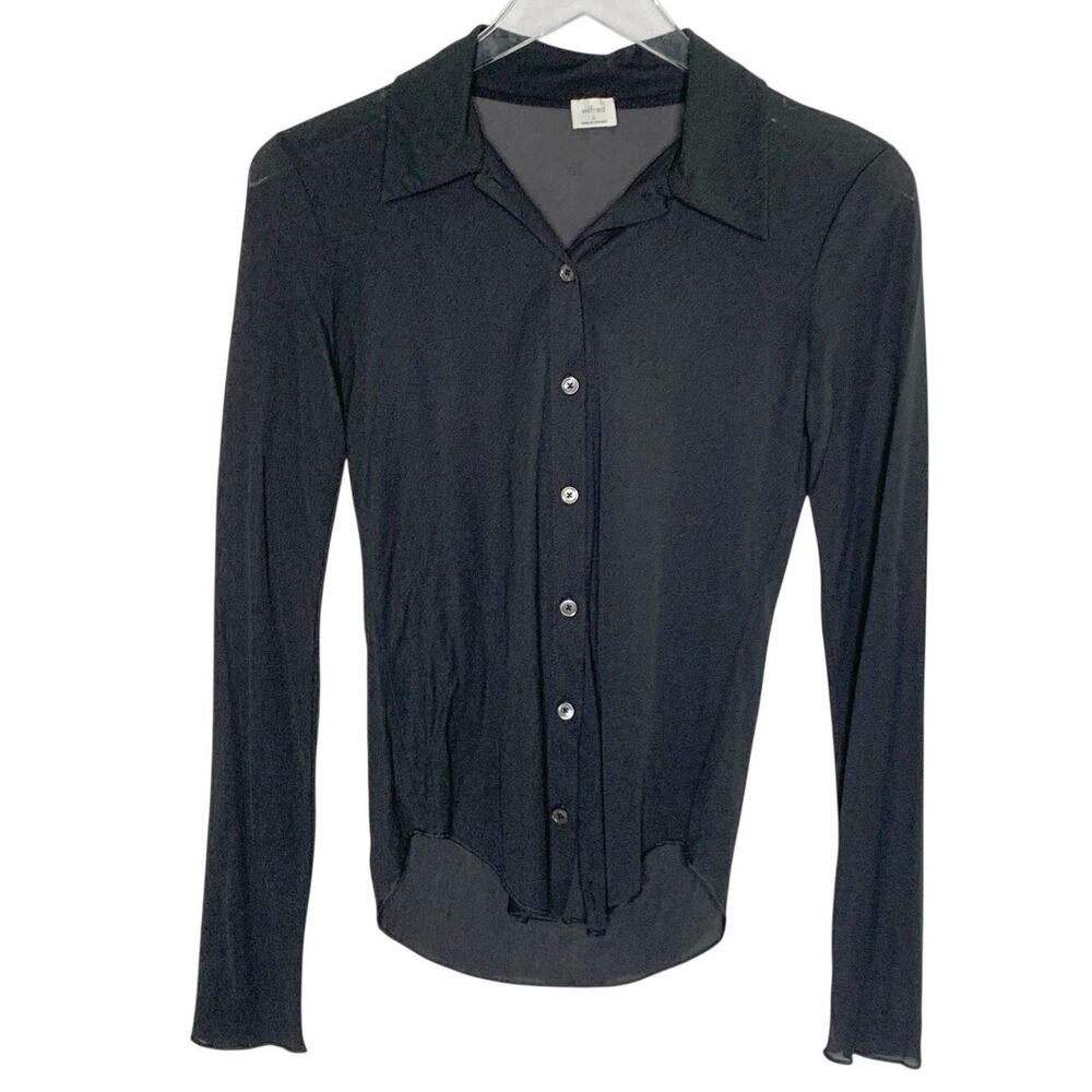 Wilfred Pose Long Sleeve Button Up Top S Black Stretchy Sheer Minimalist Chic